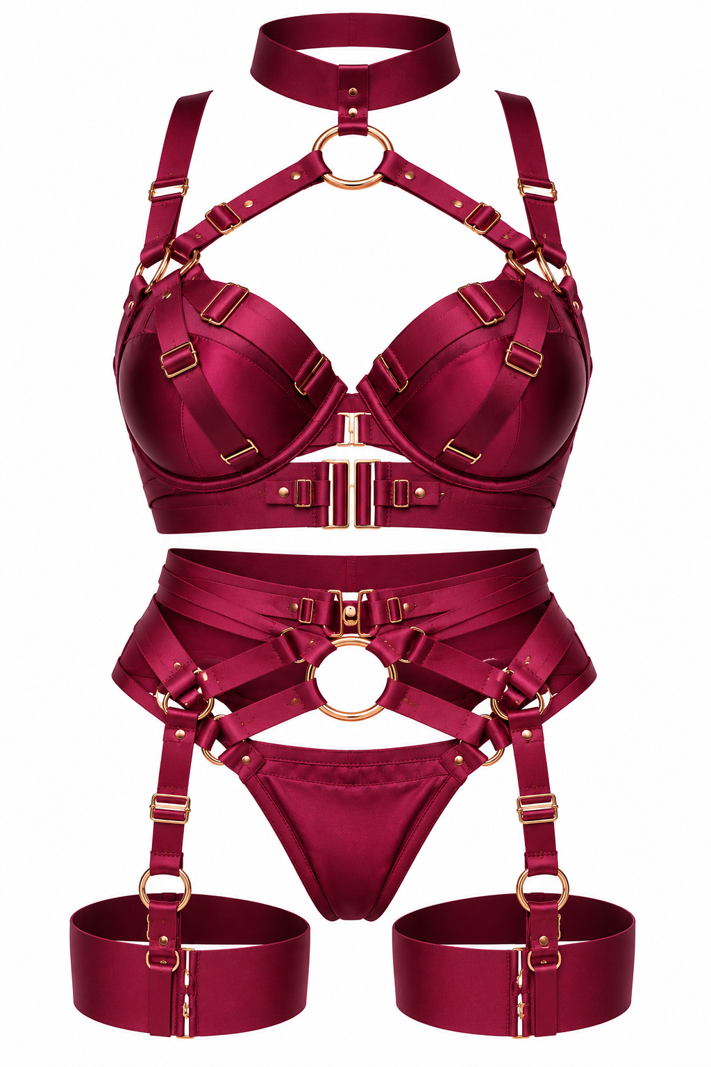 Burgundy Satin Strappy Lingerie Set – Adjustable Harness Detail