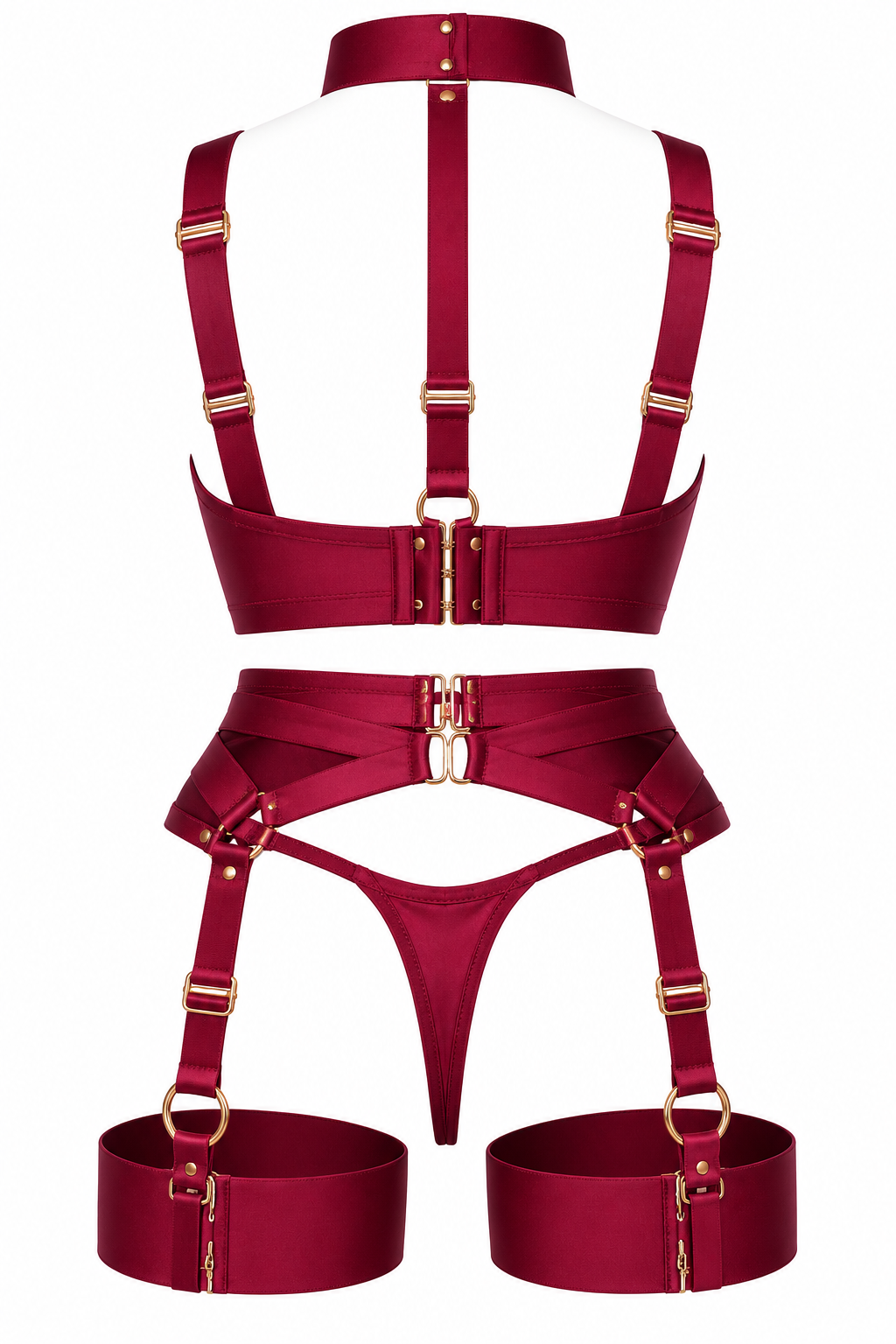 Burgundy Satin Strappy Lingerie Set – Adjustable Harness Detail