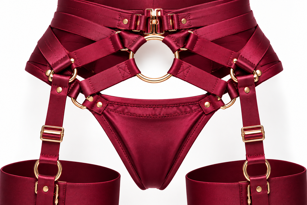 Burgundy Satin Strappy Lingerie Set – Adjustable Harness Detail