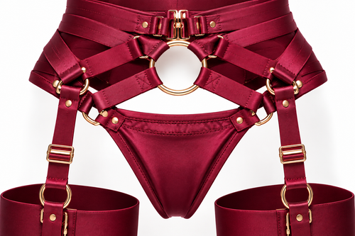 Burgundy Satin Strappy Lingerie Set – Adjustable Harness Detail