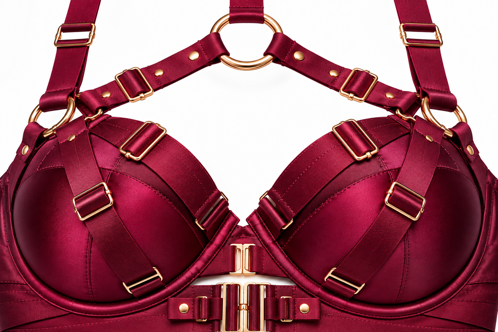 Burgundy Satin Strappy Lingerie Set – Adjustable Harness Detail