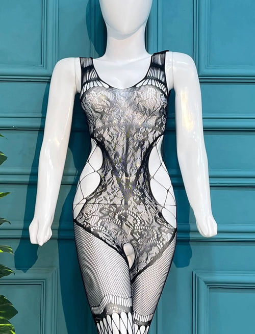 Black Lace Cut-Out Bodysuit – Elegant Floral Design & Stretch Fit